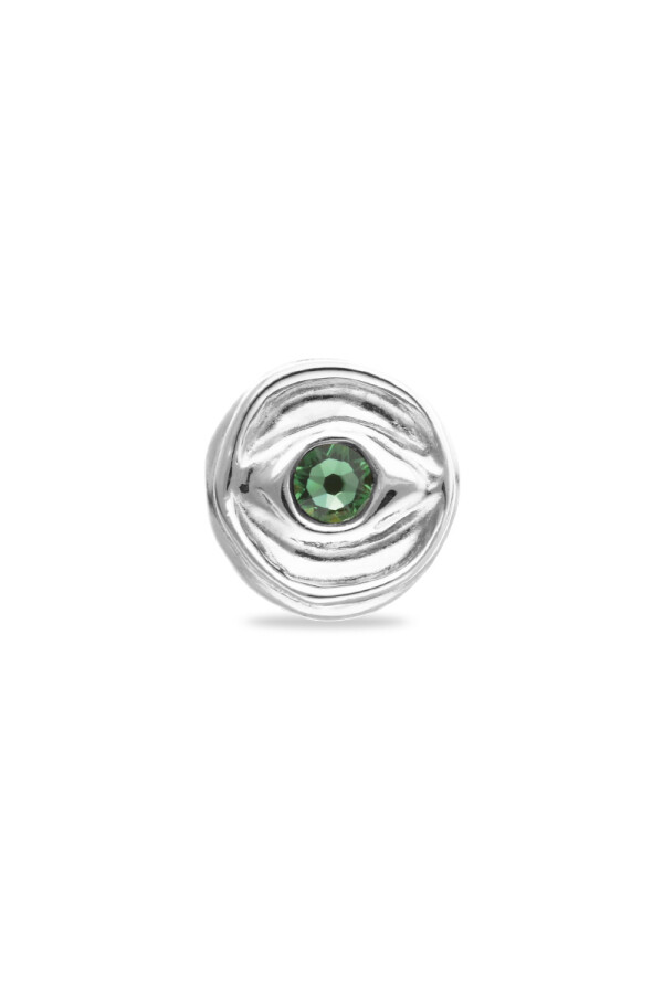 ANILLO TIPO SELLO EN ALEACIÓN DE METALES BAÑADO EN PLATA DE LEY EN FORMA DE OJO CON CRISTAL FACETADO VERDE Anillo
