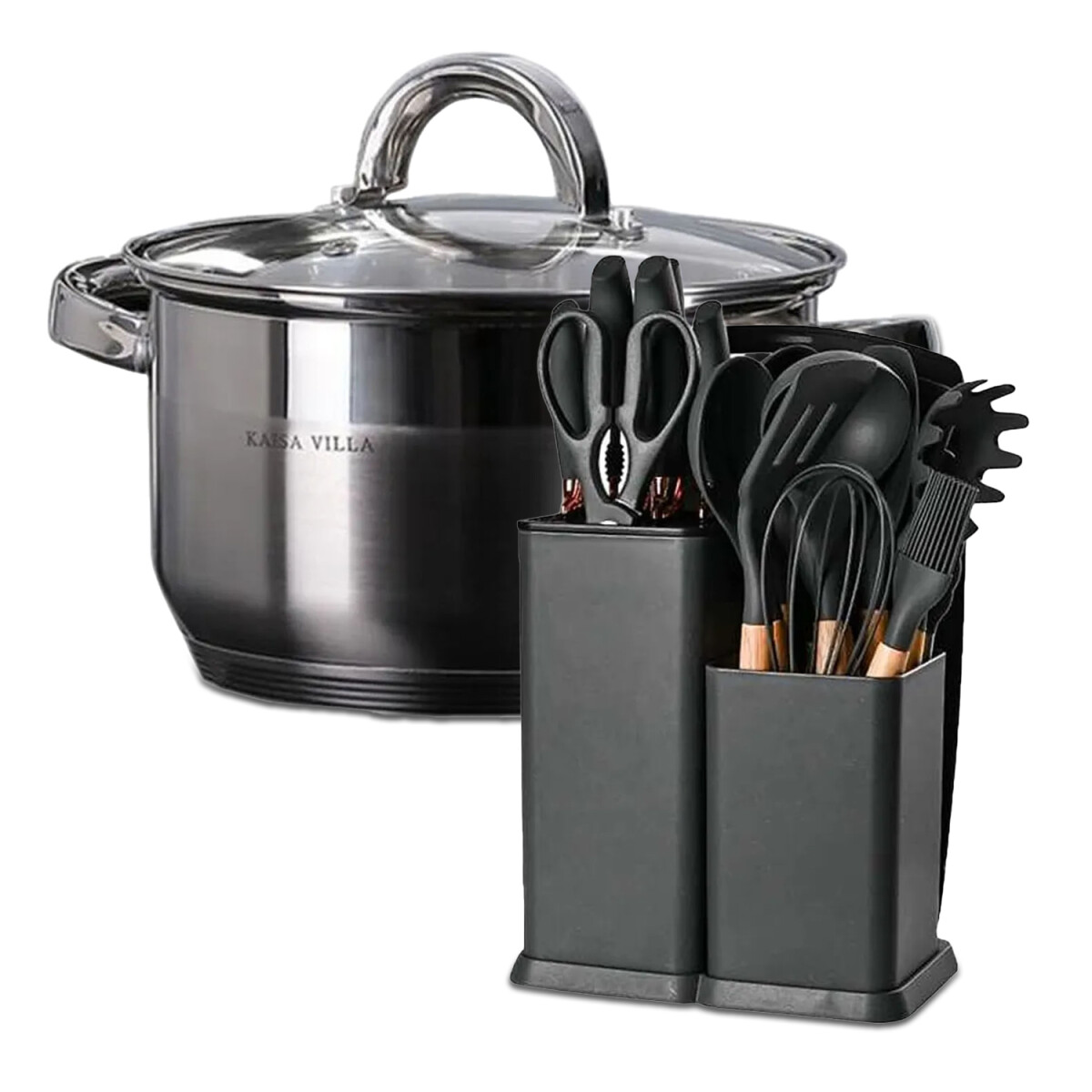 Set Cocina Utensilios 19Pzs + Olla Acero Inoxi 26cm 7,9L - Negro 