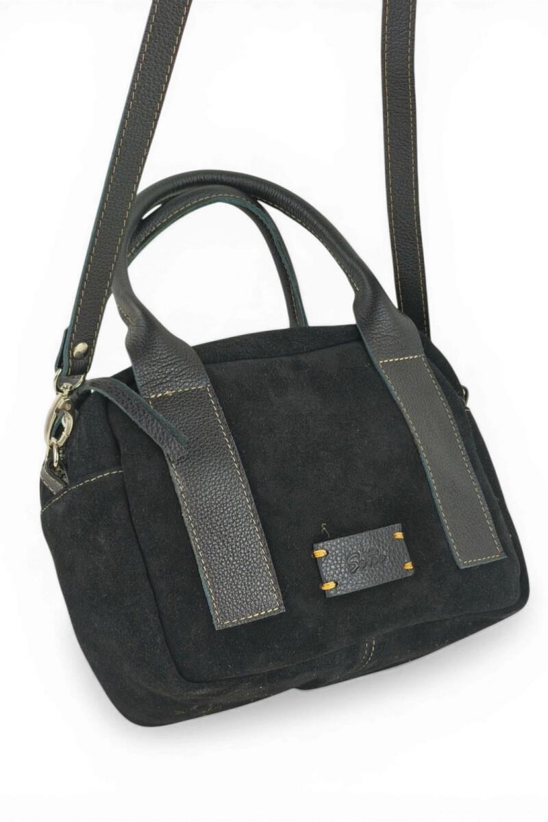Cartera de Mano y Bandolera en Gamuza y Cuero Negro