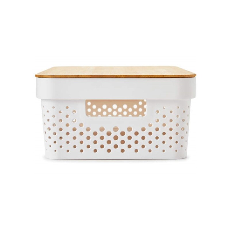 Caja organizadora acanalada con tapa de bambu 26x18x13cm - Blanco Caja Organizadora Acanalada Con Tapa De Bambu 26x18x13cm - Blanco