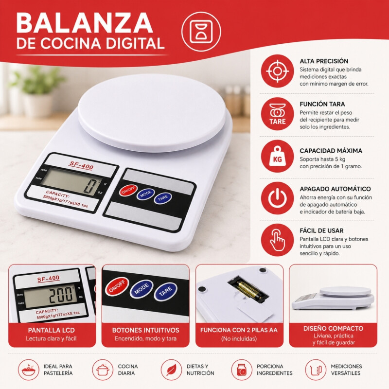 Balanza de cocina digital en plástico BLANCO