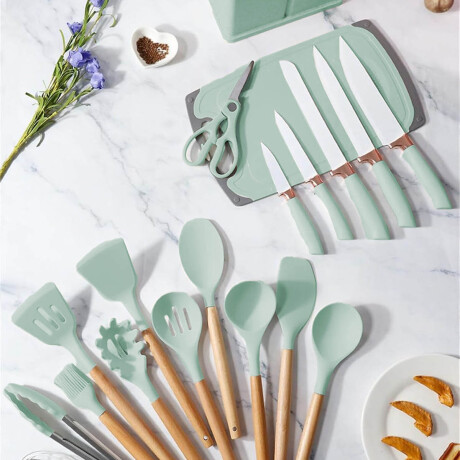 Set X19 Utensilios El Chingón Silicona Antiadherente Celeste