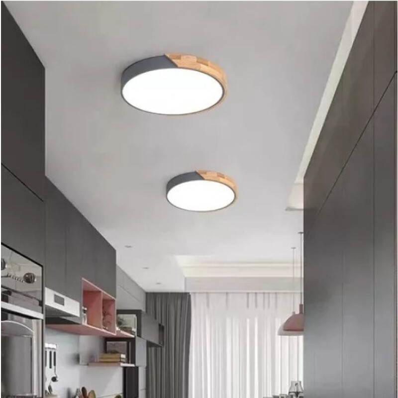 Luminaria Luz Fria Plafon Led Diám 30cm Metal Y Madera Gris