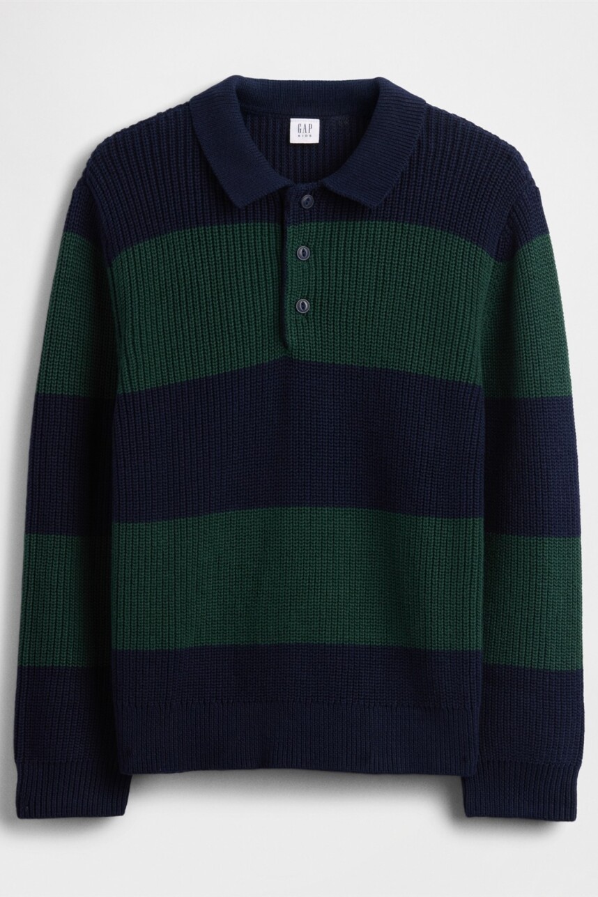 Buzo De Algodòn Cuello Polo Niño Green Stripe