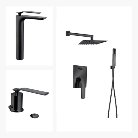 JUEGO COMPLETO DE GRIFERIA INCLUYE DUCHA EMBUTIDA ,LAVATORIO ALTO Y BIDET LINEA MODENA AQUALIA NEGRO