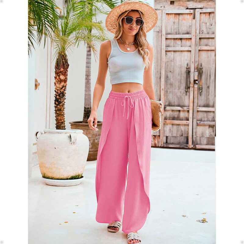 PantalÃ³n Palazzo Elastizado Liso con Abertura Rosa