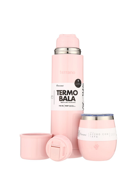 Kit Acero Bala Metalizado - 750mL + Mate Con Tapa Rosado