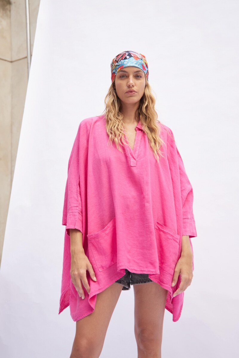 Poncho oversized bolsillos lino fucsia