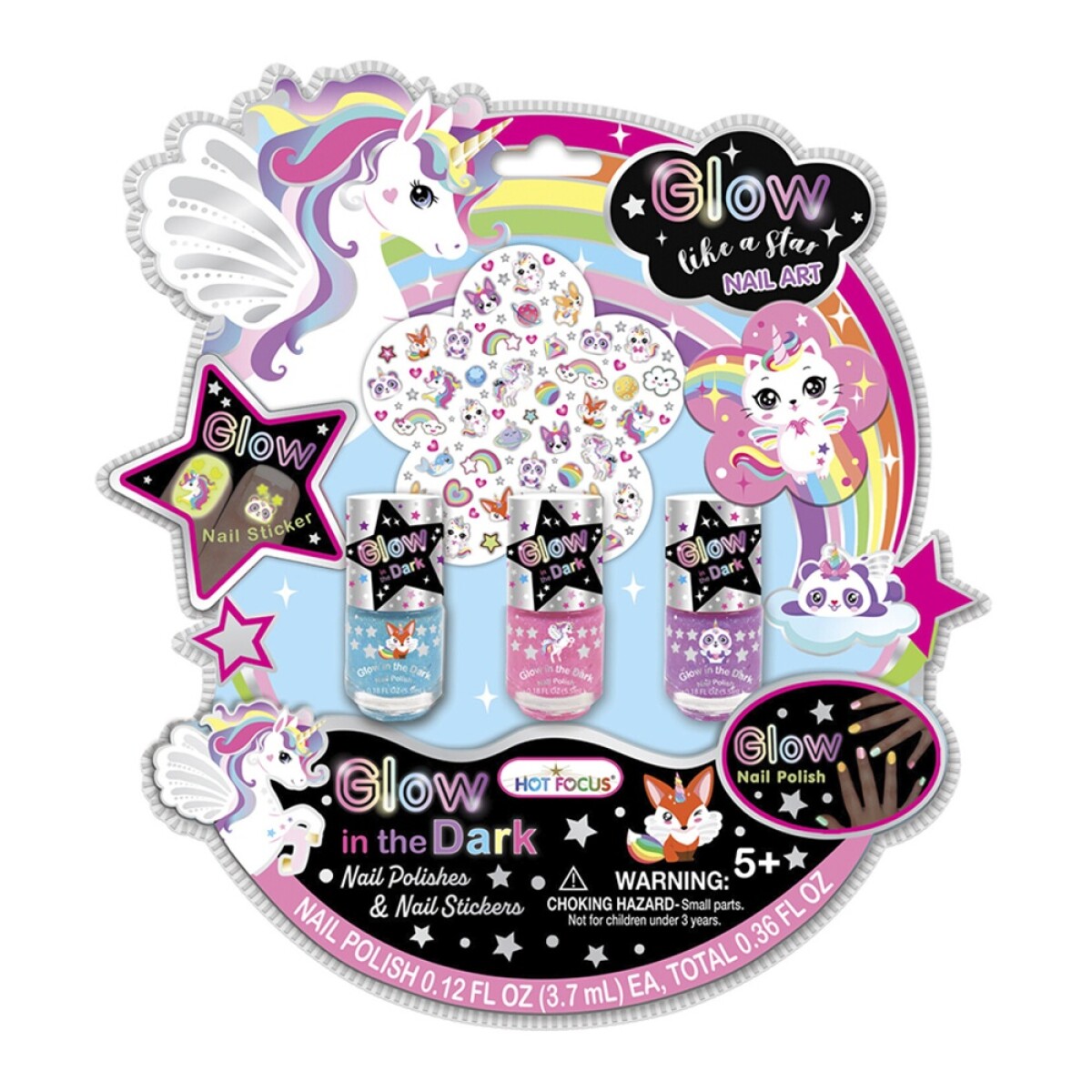 Kit Niñas Glow Dark de 3 Esmaltes y Stickers p/ Uñas + Lima - Multicolor 