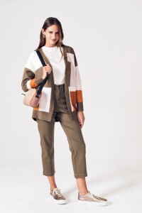 Cardigan Intarsia Color Block Safari