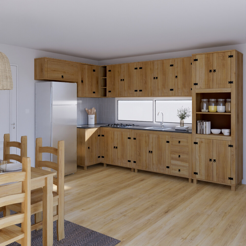 Bajo mesada 2 Puertas, 3 cajones - Linea Mexicana - Natural