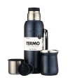 Kit Termo 1Lt Con Base De Silicona + Mate De Acero Tradicional Metalizado Azul