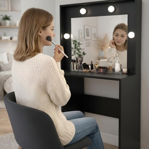 Tocador de Maquillaje Vanity con Espejo 3 Cajones y Porta Lámparas - Negro Tocador de Maquillaje Vanity con Espejo 3 Cajones y Porta Lámparas - Negro