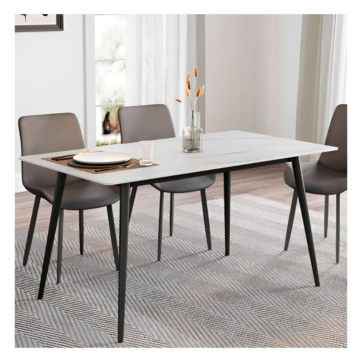 Mesa De Comedor Vidrio Símil Marmol 1.40x0.80m Patas De Hierro - Blanco 