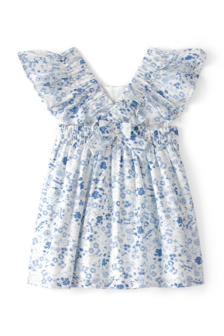 Vestido de algodón, mangas con volados, blanco y azul, diseño floral Sin color