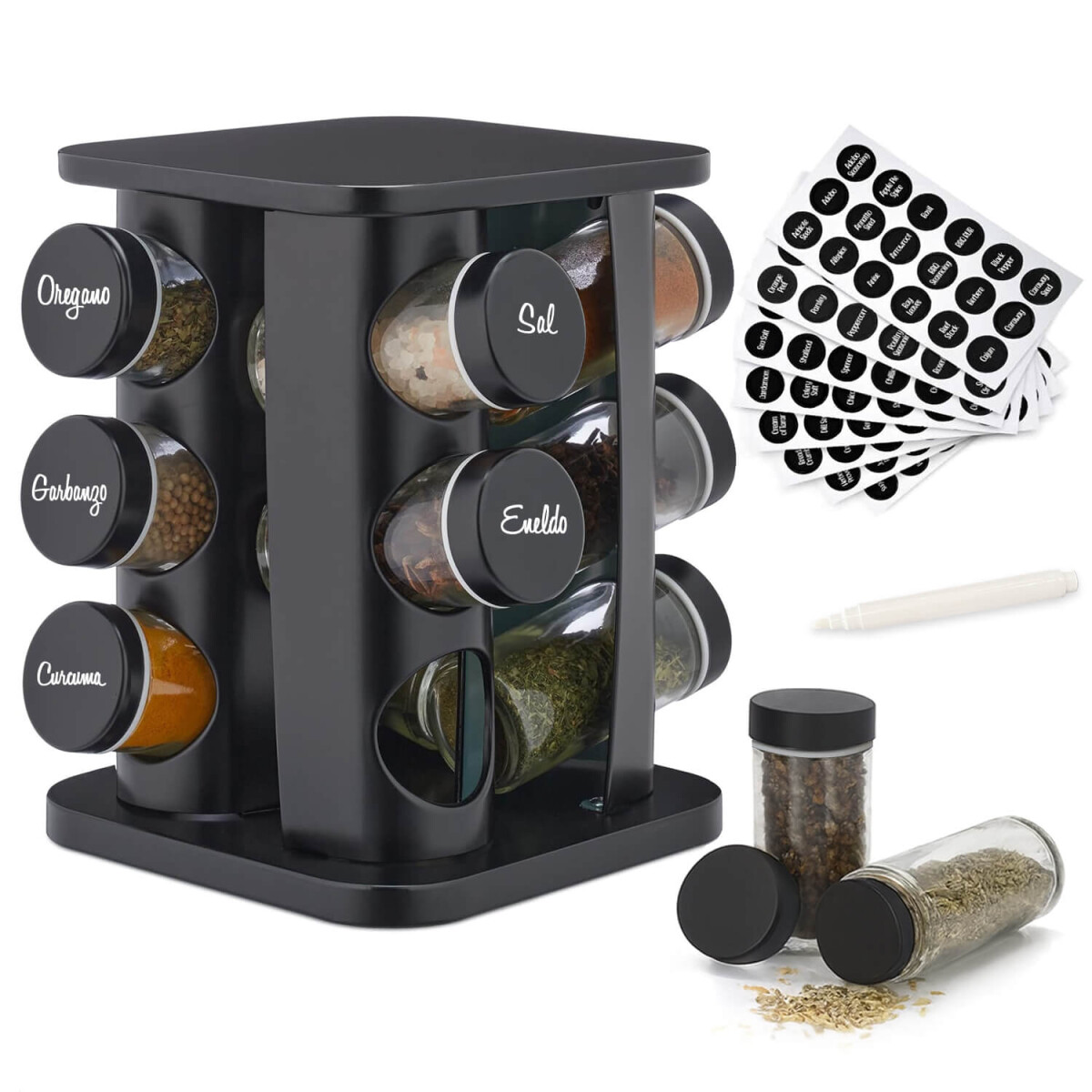 Especiero Giratorio 12 Frascos Vidrio Para Condimentos Cocina Acero Inoxidable Imback Negro 
