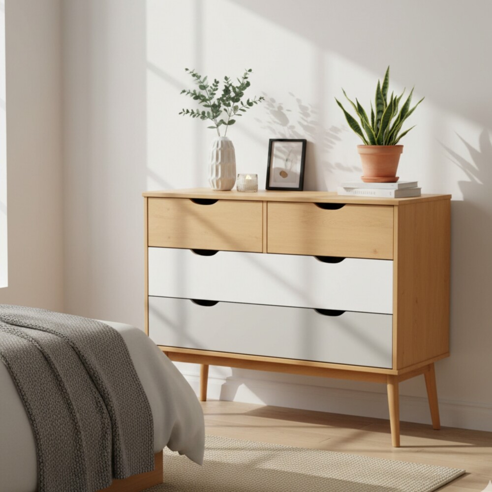 Cómoda 4 Cajones - Linea Nordica Roble/Gris claro/Blanco