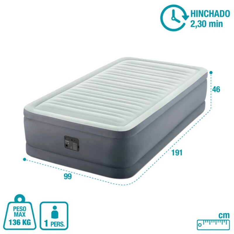INTEX CAMA DE AIRE PREM-AIRE® FIBER TECH DOBLE BASE 1 PLAZA Intex Cama De Aire Prem-aire® Fiber Tech Doble Base 1 Plaza