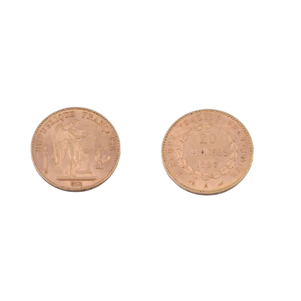 Moneda de oro República de Francia 20 francos año 1893. Moneda de oro República de Francia 20 francos año 1893.
