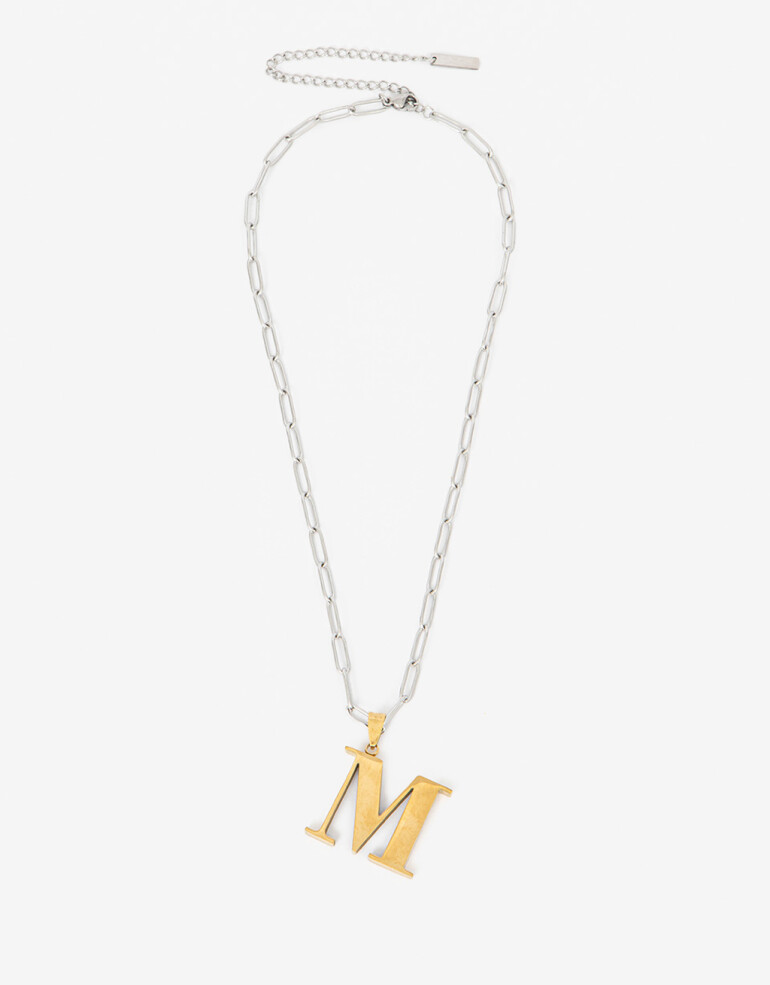 Cadena Corta con Dije Letras Collar Acero Inicial Letra "m" - Combinacion Bicolor