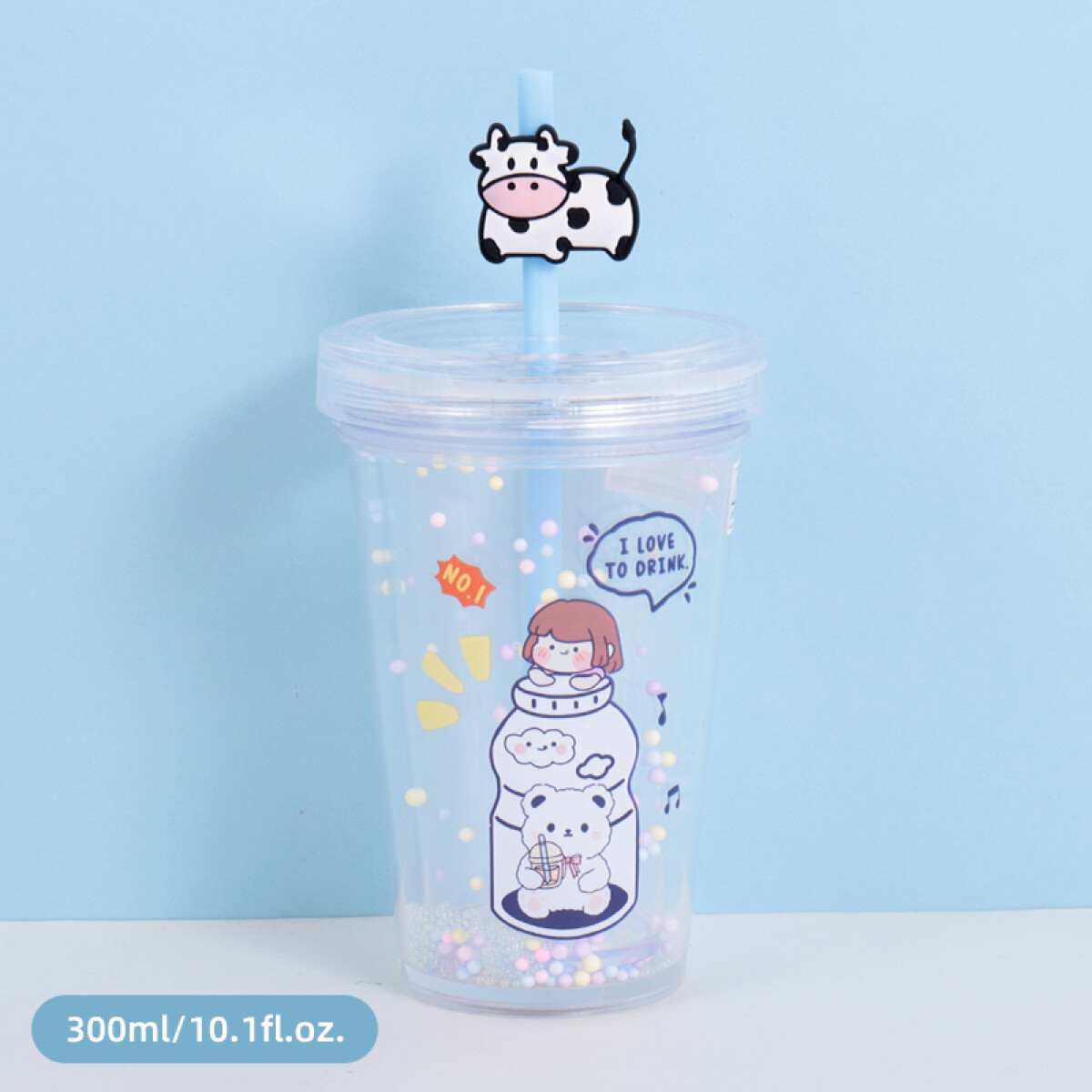 Vaso De Plástico Con Pajita 300ml - Vaquita – Azul 