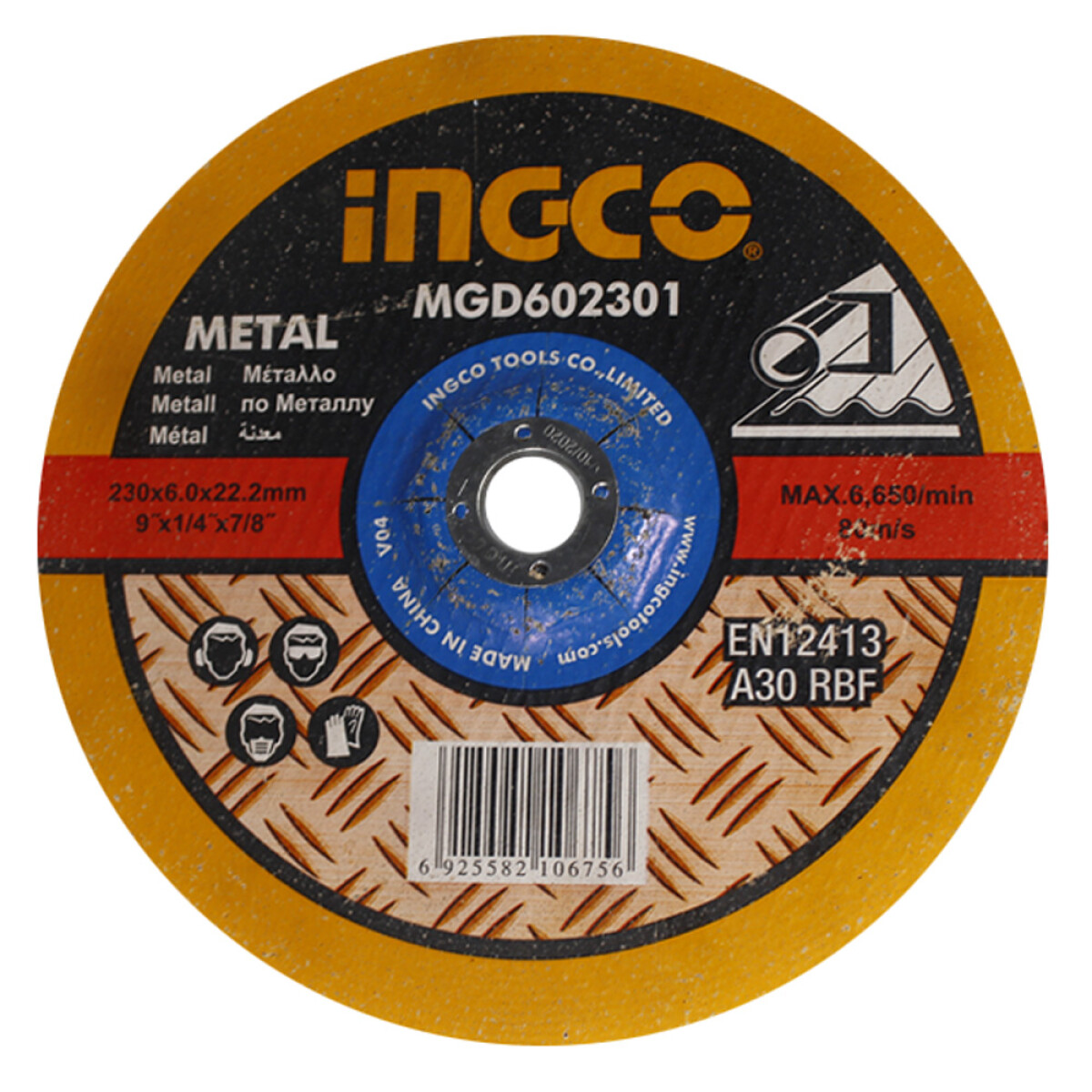 DISCO DESBASTE 9´´ X 6MM CENTRO DEPRIMIDO PARA METAL MGD602301 INGCO 