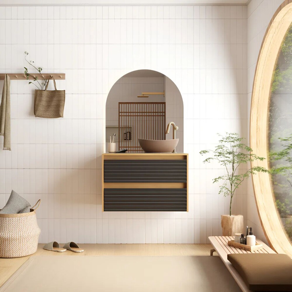 Mueble de baño Osaka Negro con tapa de vidrio y bacha de loza Mueble De Baño Osaka Negro Con Tapa De Vidrio Y Bacha De Loza