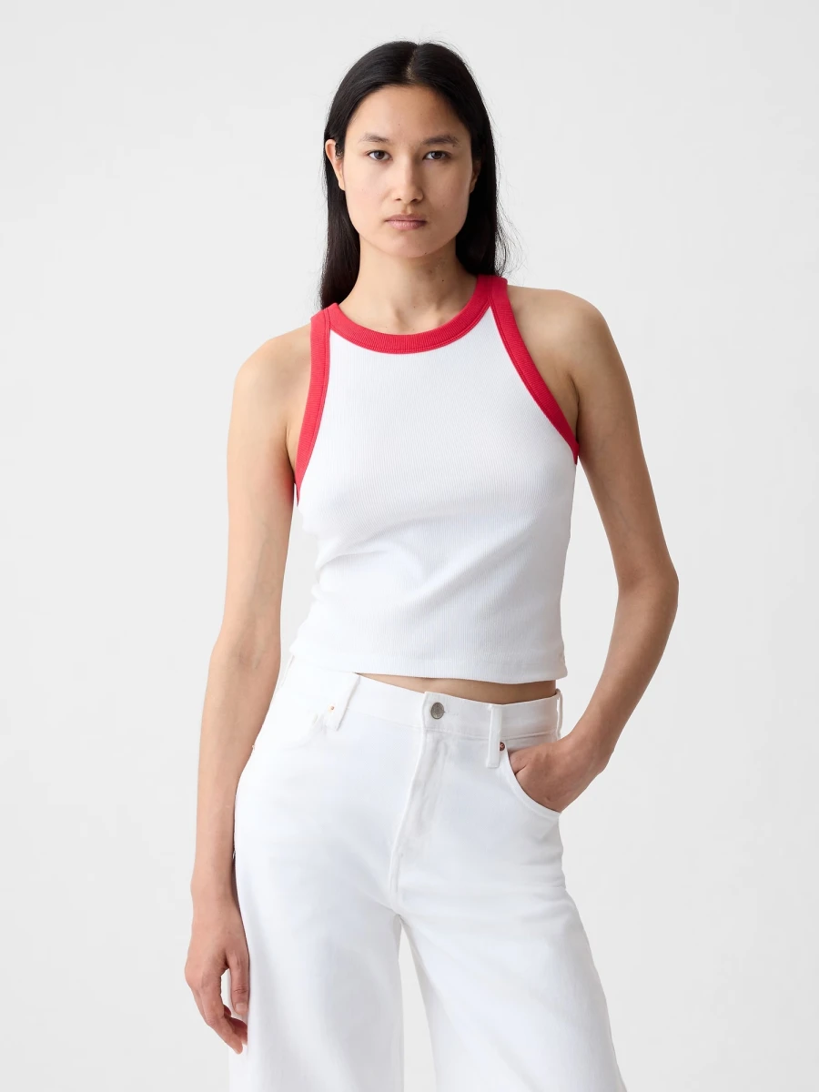 Musculosa Modal Cuello Halter Mujer - White W Red Trim 