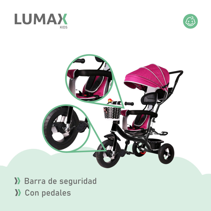 Coche Triciclo a Pedal C/Guía y Capota giratorio 360 Rosado