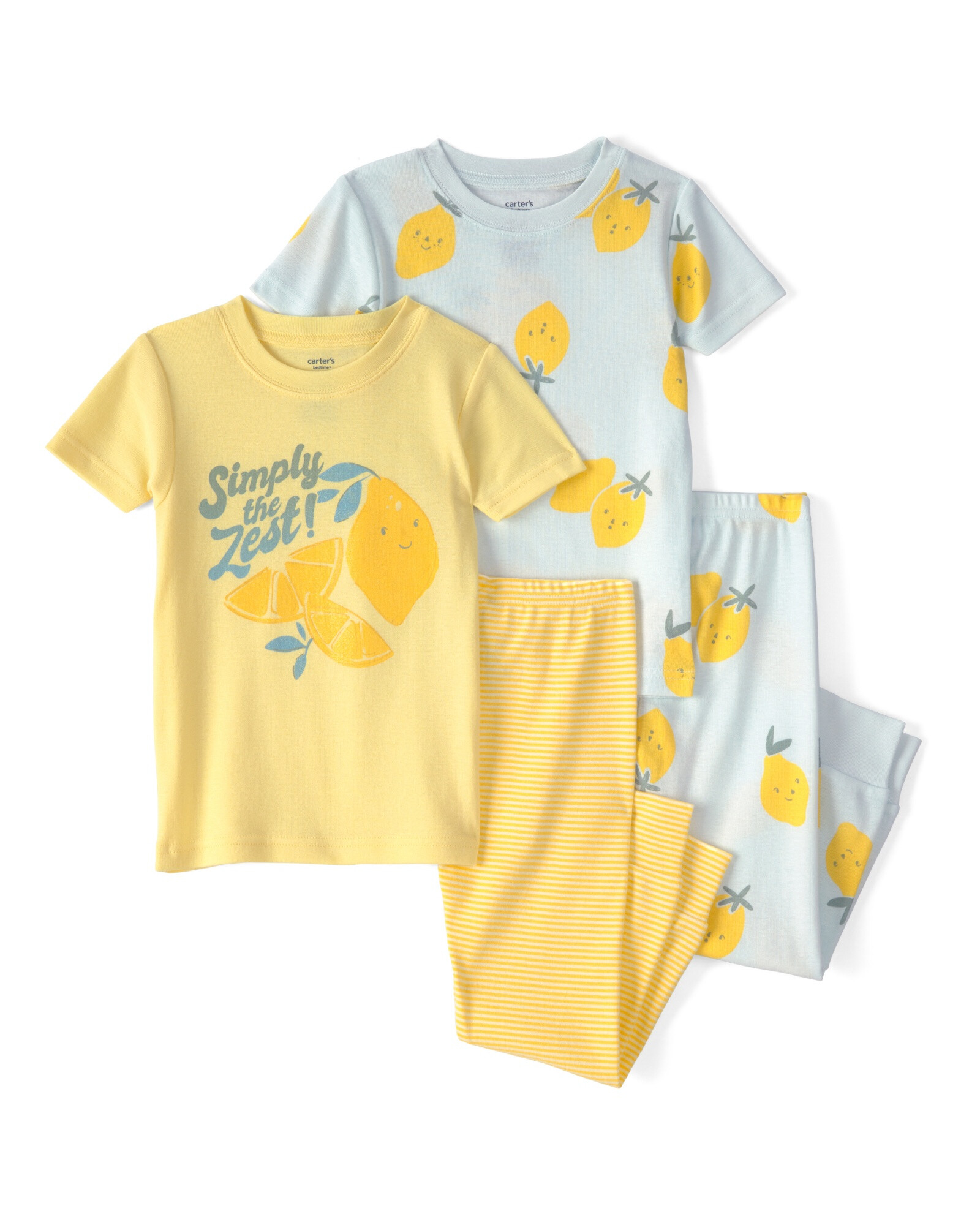 Pijama cuatro piezas de algodón, amarillo y azul, diseño limones. Talles 12-24M Pijama cuatro piezas de algodón, amarillo y azul, diseño limones. Talles 12-24M