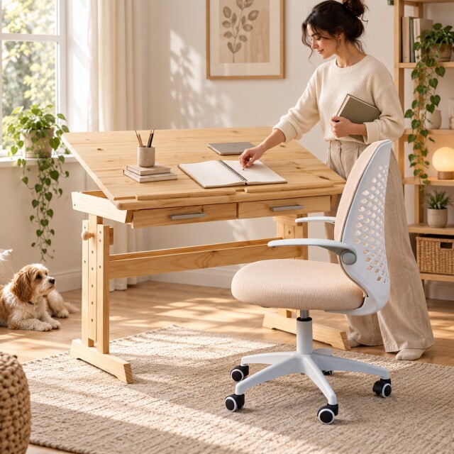COMBO PACK MESA DE TRABAJO ALTURA REGULABLE EXTENSIBLE + SILLA BEIGE DE OFICINA ERGONÓMICA CON RUEDAS COMBO PACK MESA DE TRABAJO ALTURA REGULABLE EXTENSIBLE + SILLA BEIGE DE OFICINA ERGONÓMICA CON RUEDAS