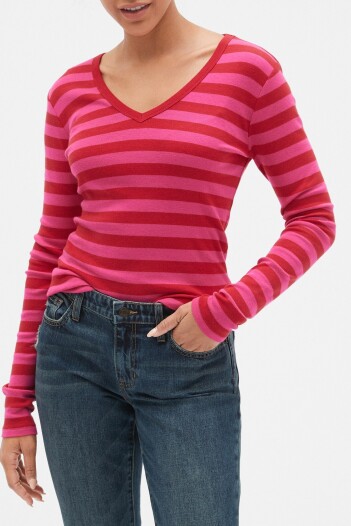 Remera Manga Larga Cuello V A Rayas Mujer Multi Pink Stripe