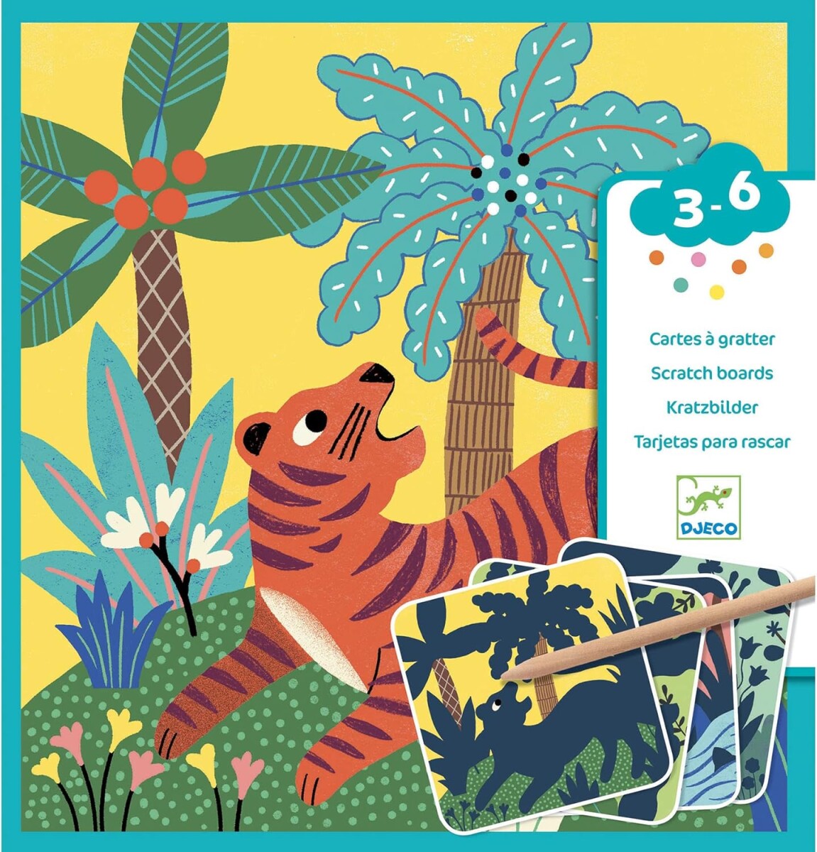 SCRATCH3-6 - Set X4 Láminas Para Raspar 3-6 Años Djeco - Tigre 
