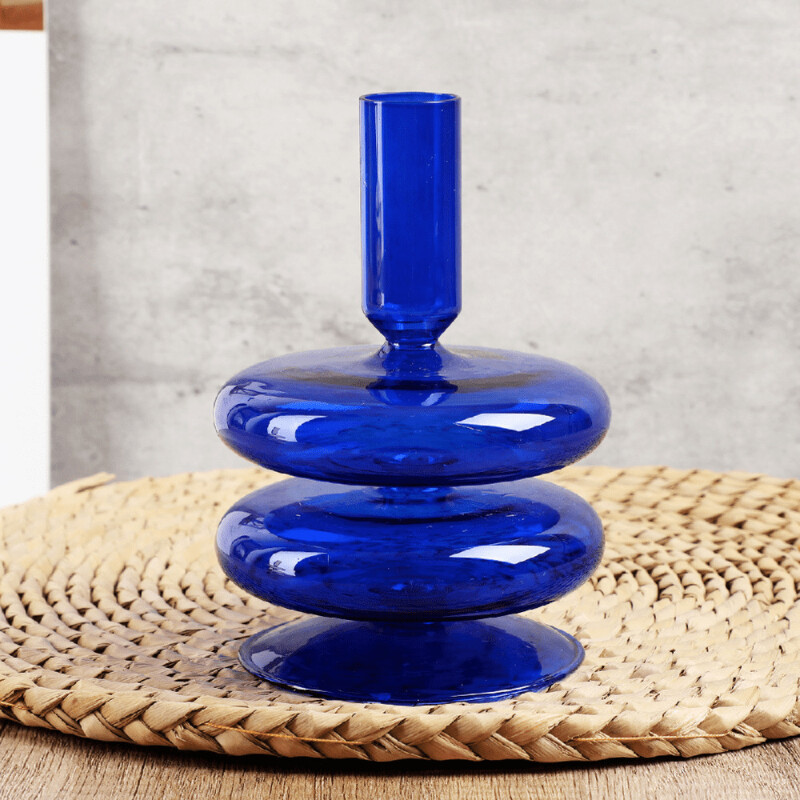 Porta velas de vidrio en colores ancho azul