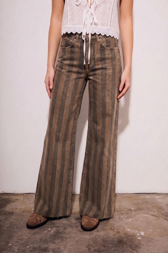 Jean Flared Wide Leg Rayado Chocolate