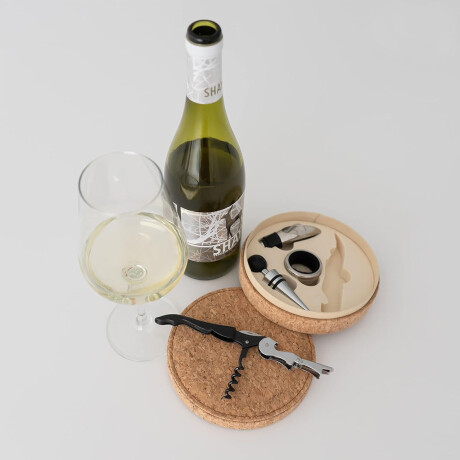 Set de Vino 4 Accesorios con Sacacorchos y Estuche de Corcho Natural