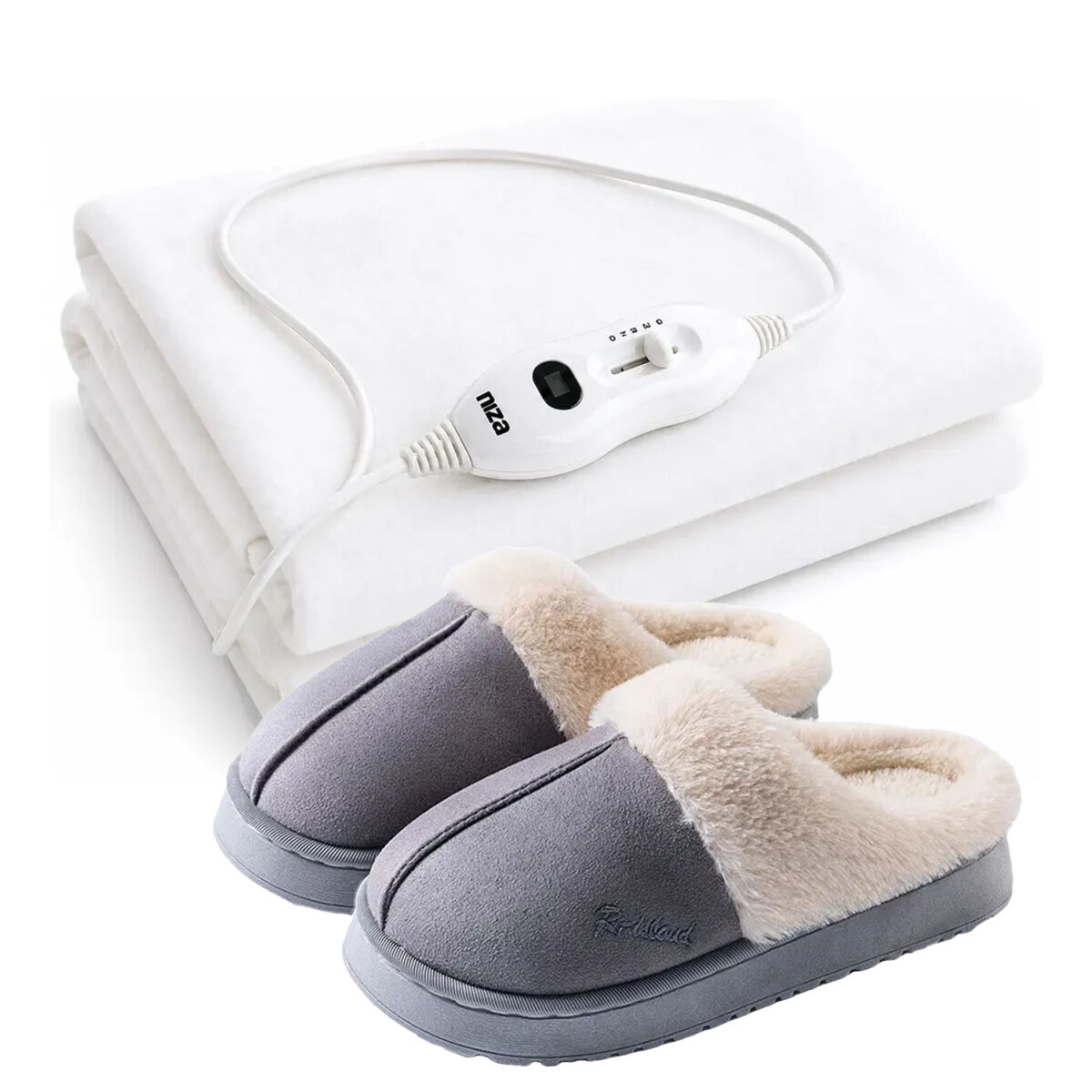 Set Invierno Pantuflas Gamuza Corderito + Calienta Cama 1Pza - Gris 