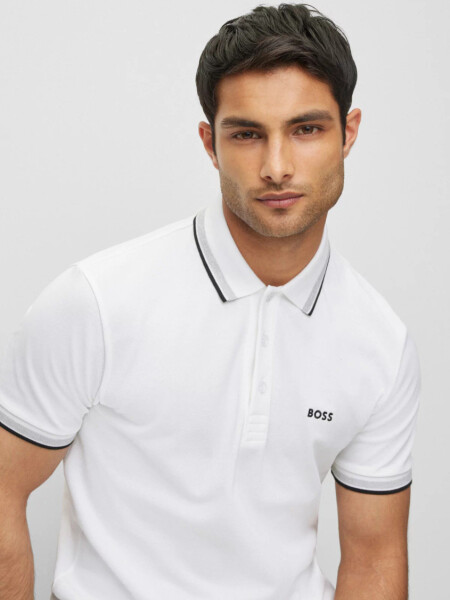 HUGO BOSS Polo de Algodón Piqué con Logo Contrastante Blanco