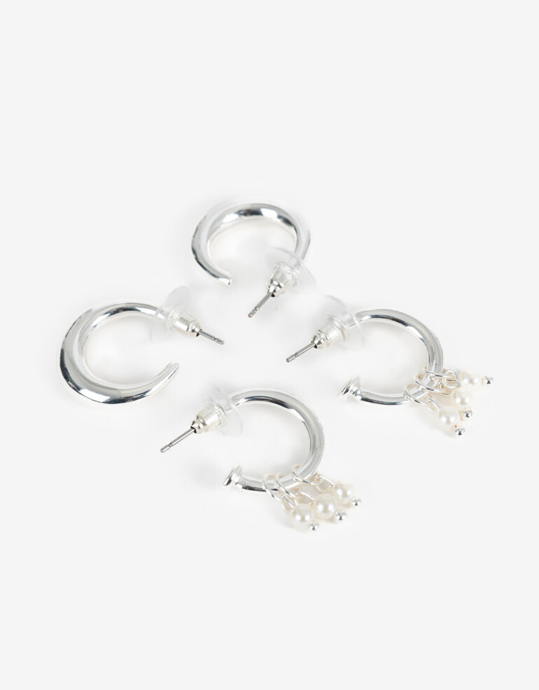 Aros Argollas Set Perlas Set De 2 Pares De Argollas De Metal Con Perla Bañado En Plata - Plateado