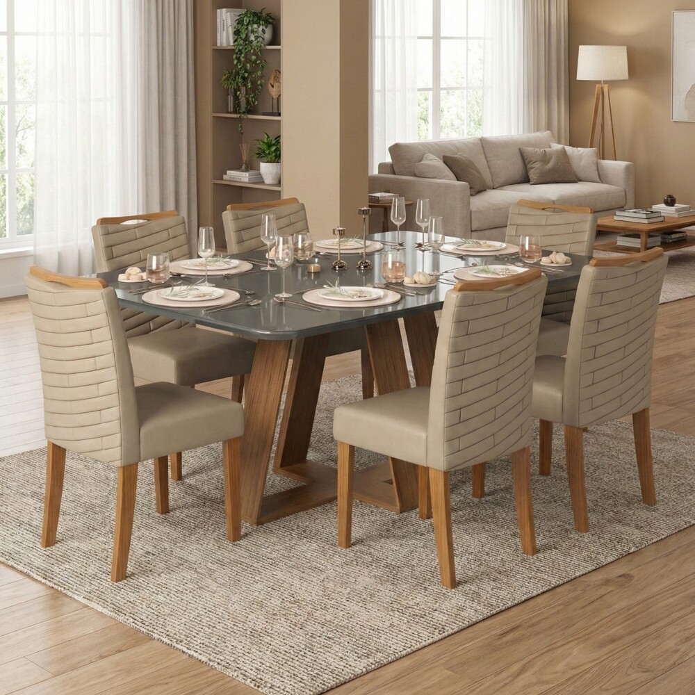 Juego De Comedor - 6 Sillas + Mesa Vidrio - Celeste Marrón | Gris