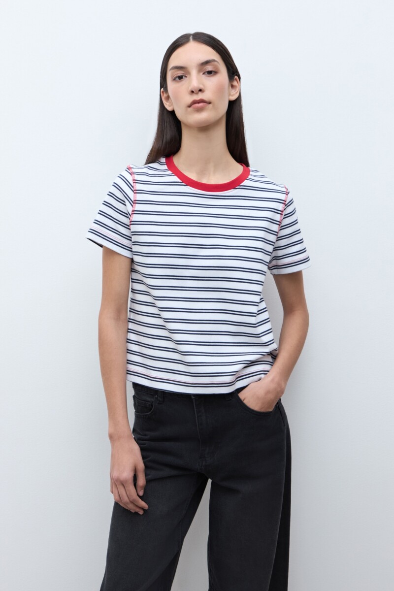 Remera rayada manga corta blanco