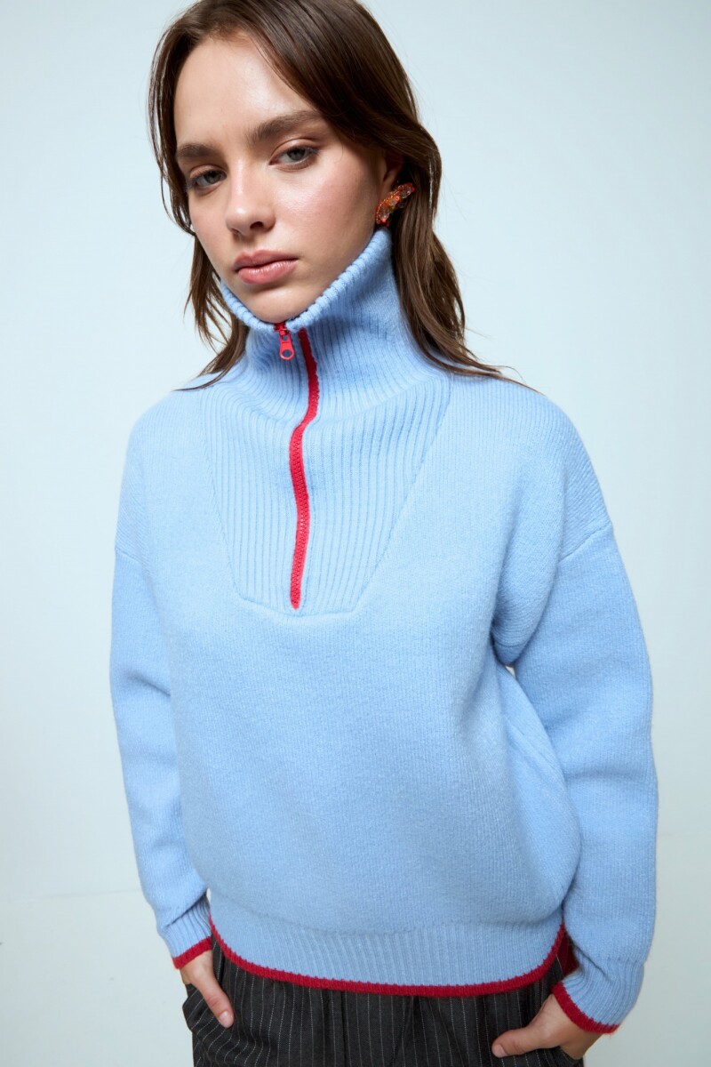 Sweater tejido con cierre celeste
