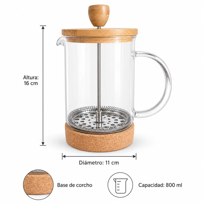 Cafetera Prensa Francesa 800 ml Vidrio Base Corcho Cafetera Prensa Francesa 800 ml Vidrio Base Corcho