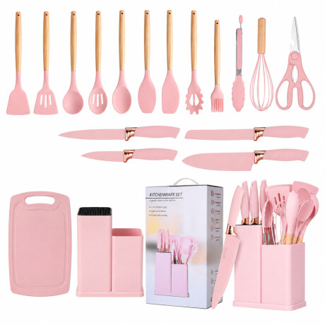 Set Utensilios Cocina 19Pz + Escurridor 3Niv. Drenaje Autom. Rosa
