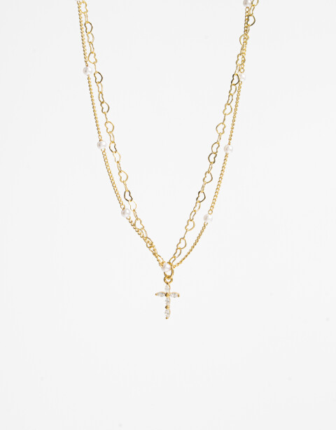 Collares Cortos Cubic zirconia Collar Corto Layer Con Cruz Y Beads Multicolor. - Dorado
