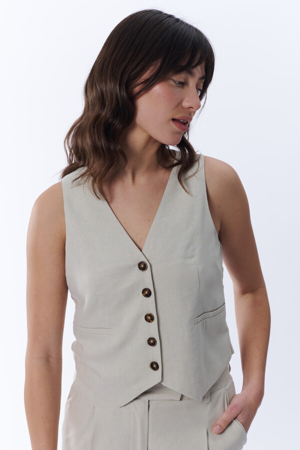 Chaleco Corto Con Lino Beige