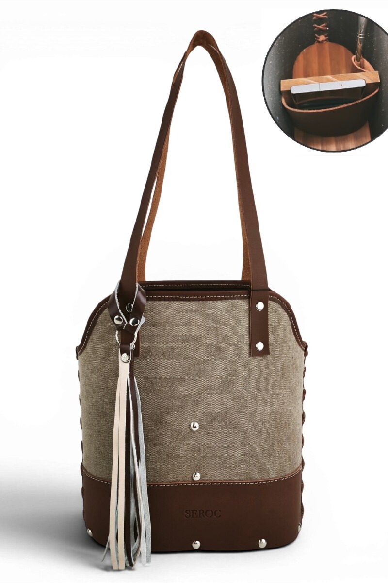 Matera de lona con base de madera y porta celular Beige