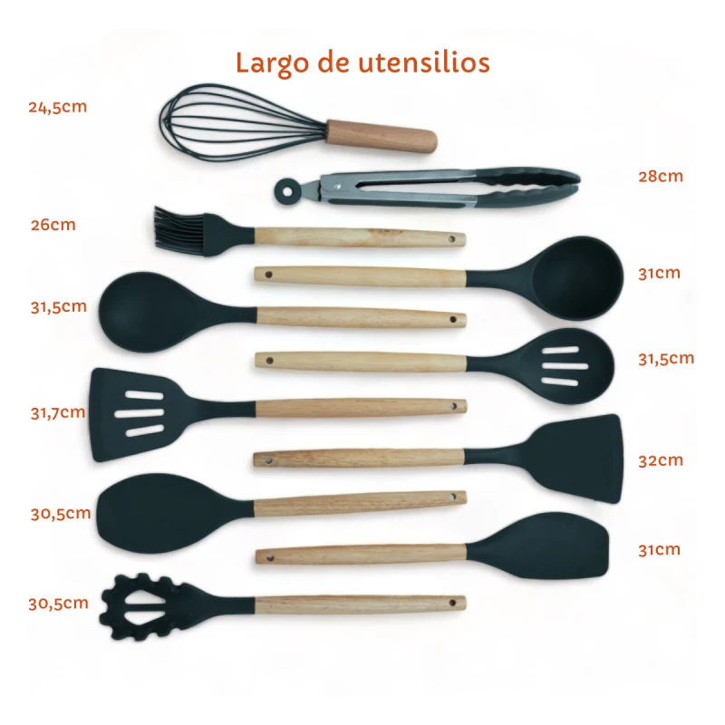 Set Utensilios Cocina Inicial Silicona Madera Plus Gourmet Crema