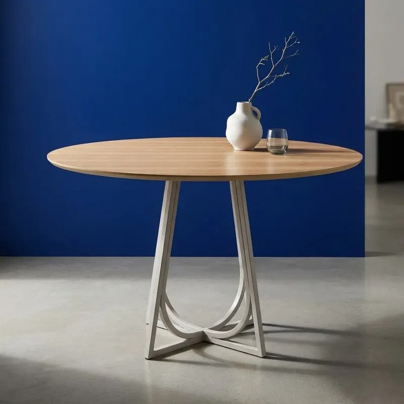 MESA COMEDOR REDONDA - TAPA MADERA CLARA CON PIE EN METAL BLANCO OPACO MESA COMEDOR REDONDA - TAPA MADERA CLARA CON PIE EN METAL BLANCO OPACO