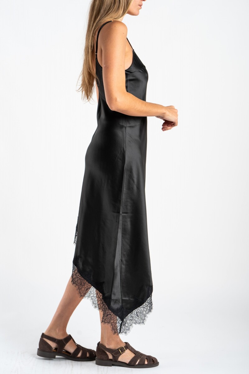 Vestido Midi Satinado Con Encaje Negro